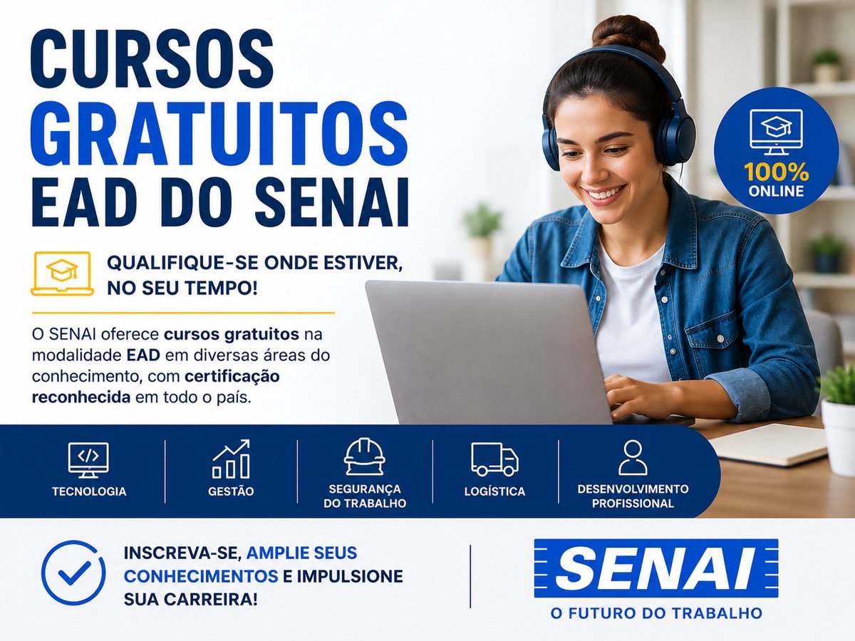 Cursos gratuitos EAD do SENAI estão com inscrições abertas